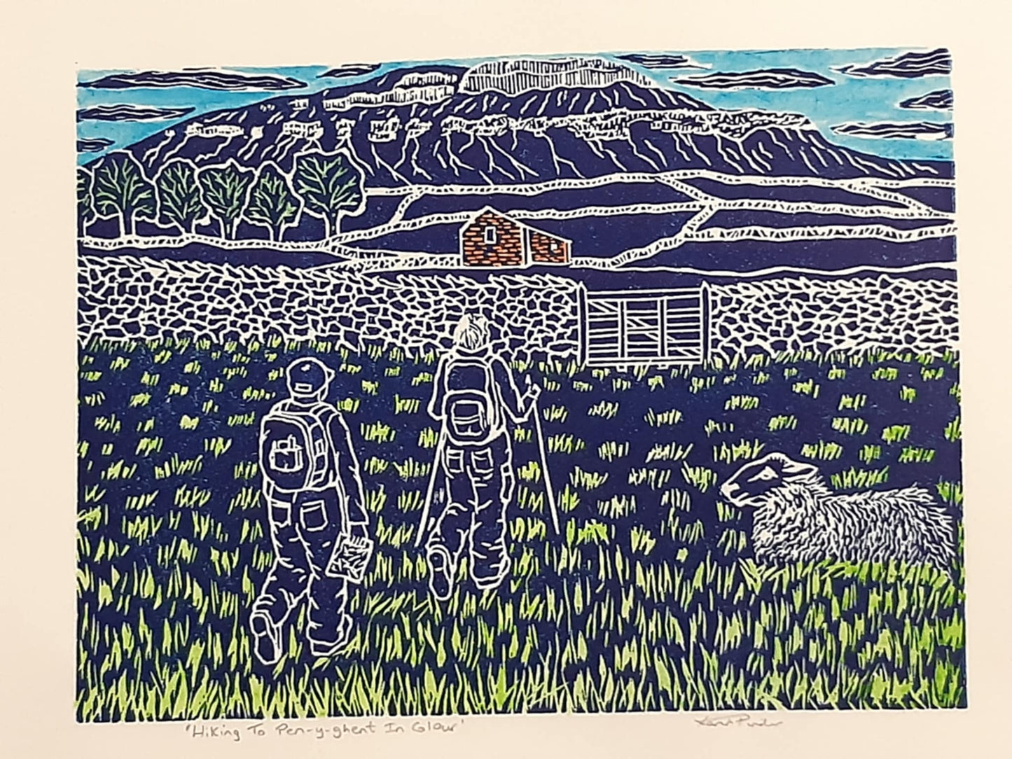 Hiking To Pen-y-ghent In Colour - Original Lino Print Signed