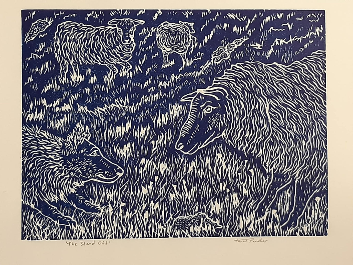 The Stand Off - Between Sheep and Dog Original Lino Print Signed