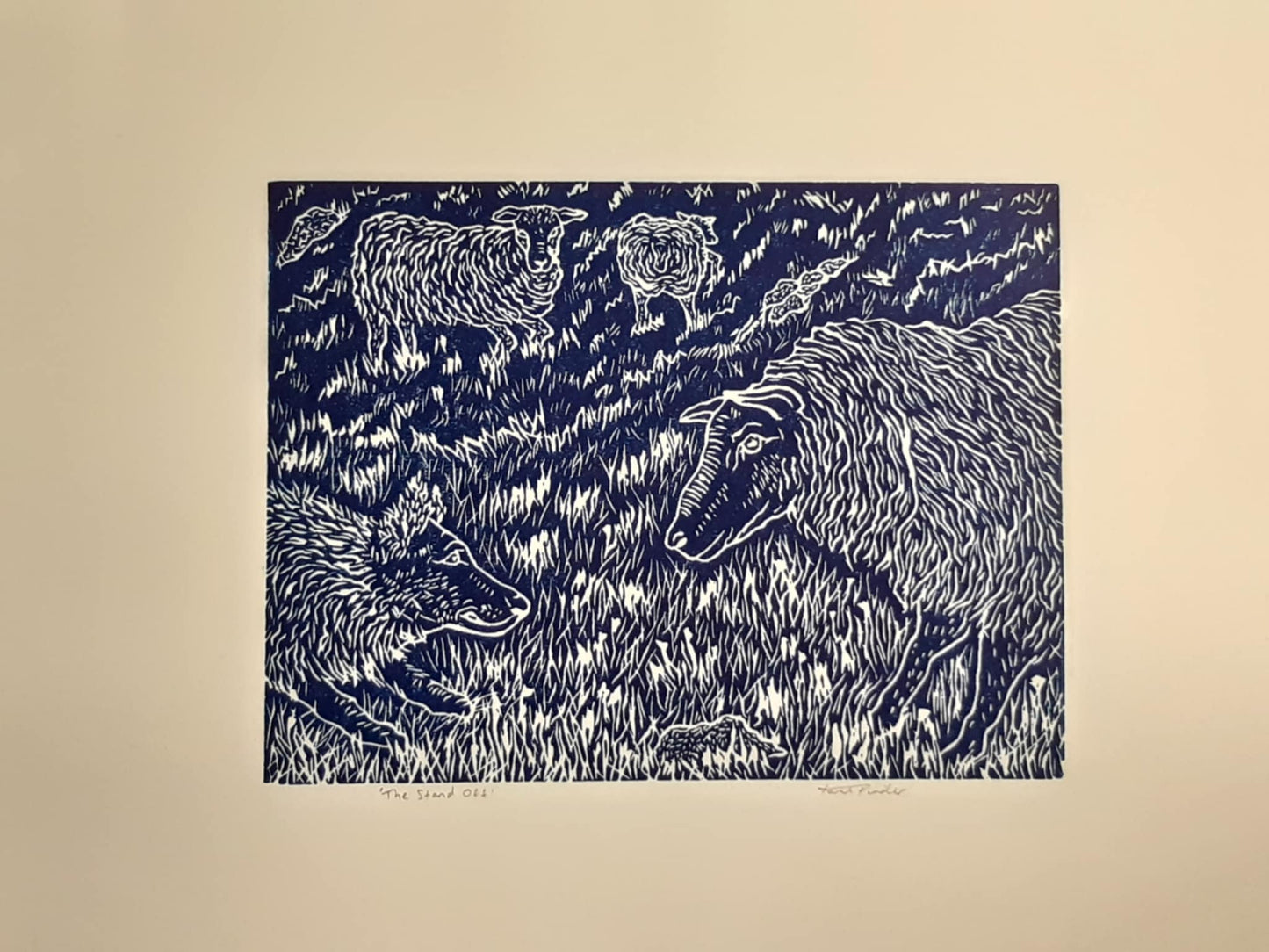 The Stand Off - Between Sheep and Dog Original Lino Print Signed