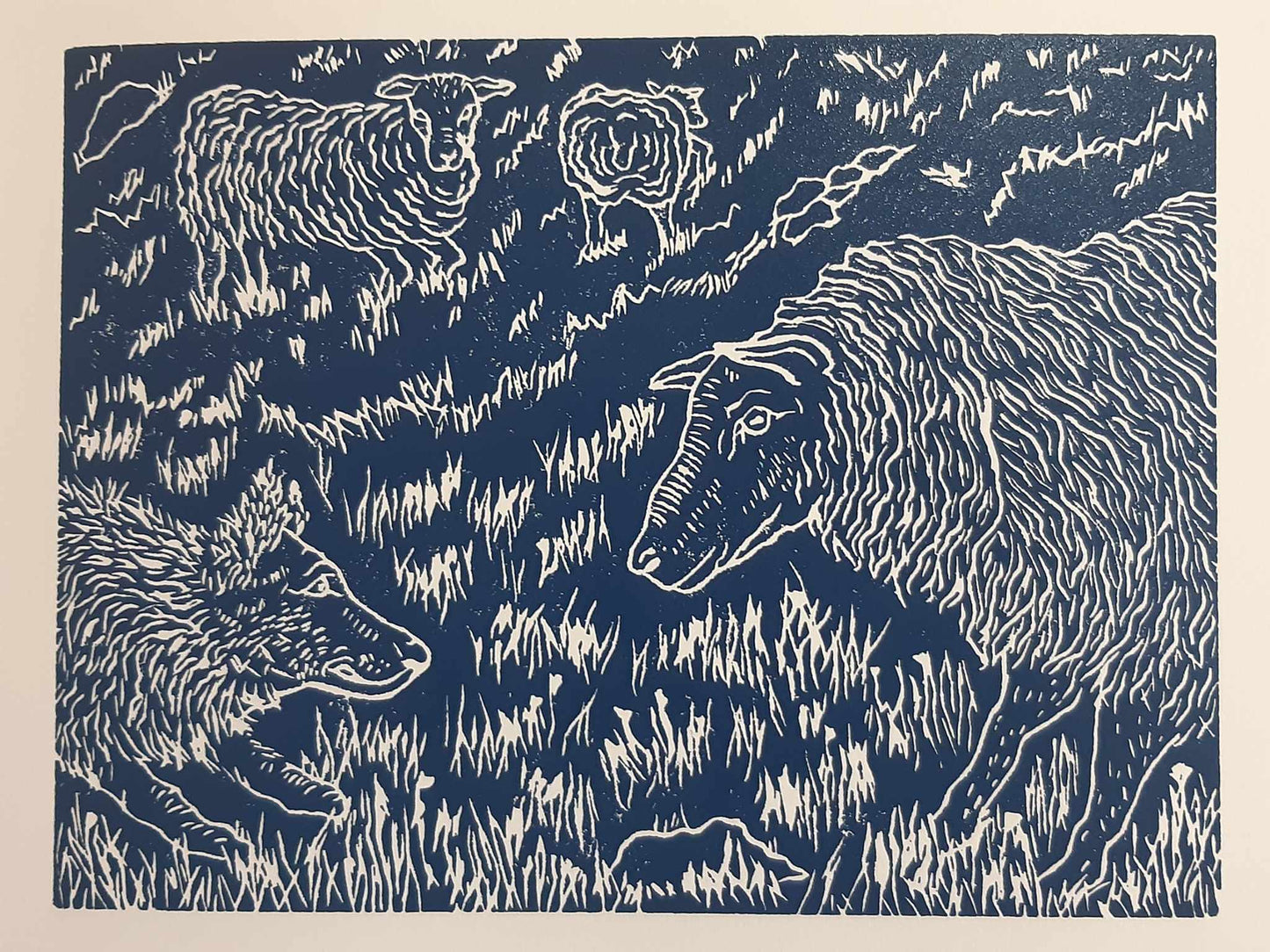 The Stand Off - Between Sheep and Dog Original Lino Print Signed