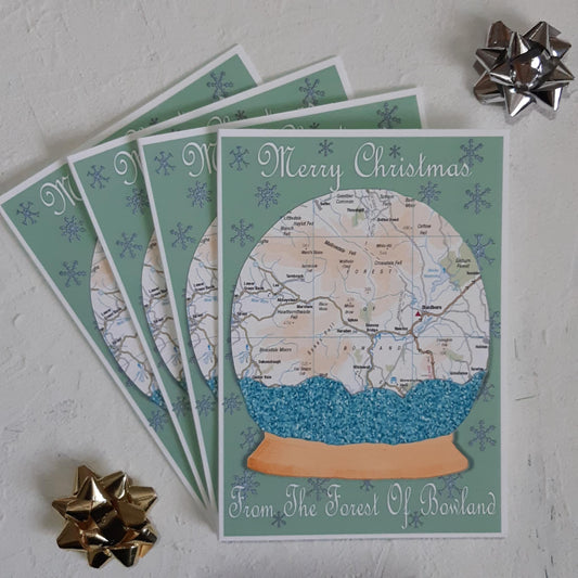 Forest Of Bowland Snow Globe Christmas Map Pack Of Four Greeting Cards