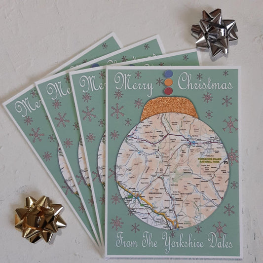 Yorkshire Dales Bauble Christmas Map Pack Of Four Greeting Cards