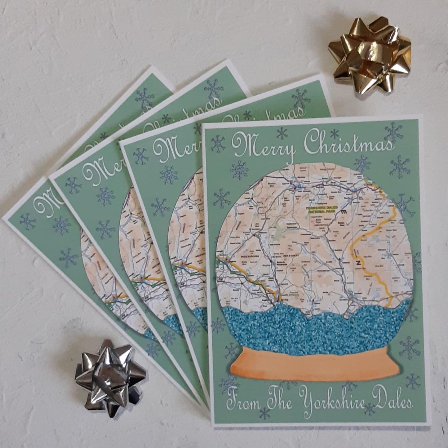 Yorkshire Dales Snow Globe Christmas Map Pack Of Four Greeting Cards