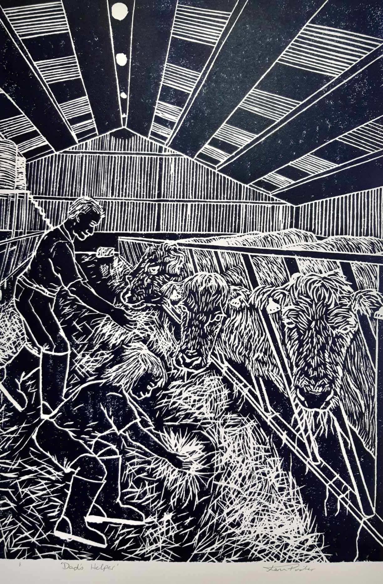 Dad's Helper Original Lino Print Signed
