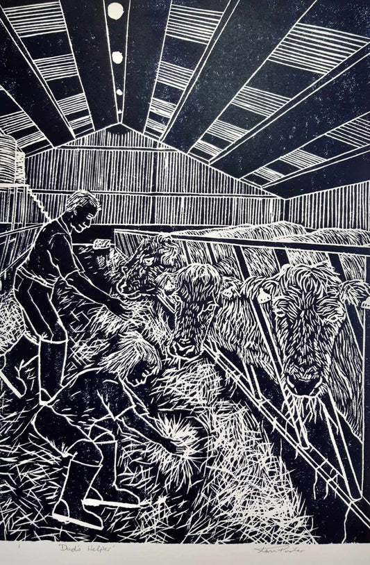 Dad's Helper Original Lino Print Signed