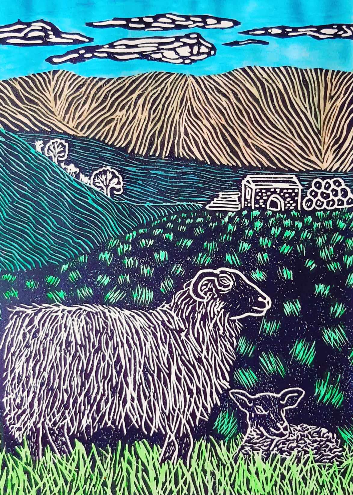 Springtime In Colour Lino Print and Watercolour Original Signed Coloured