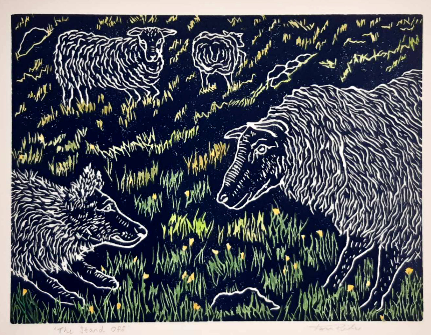 The Stand Off In Colour - Original Lino Print and Watercolour Signed