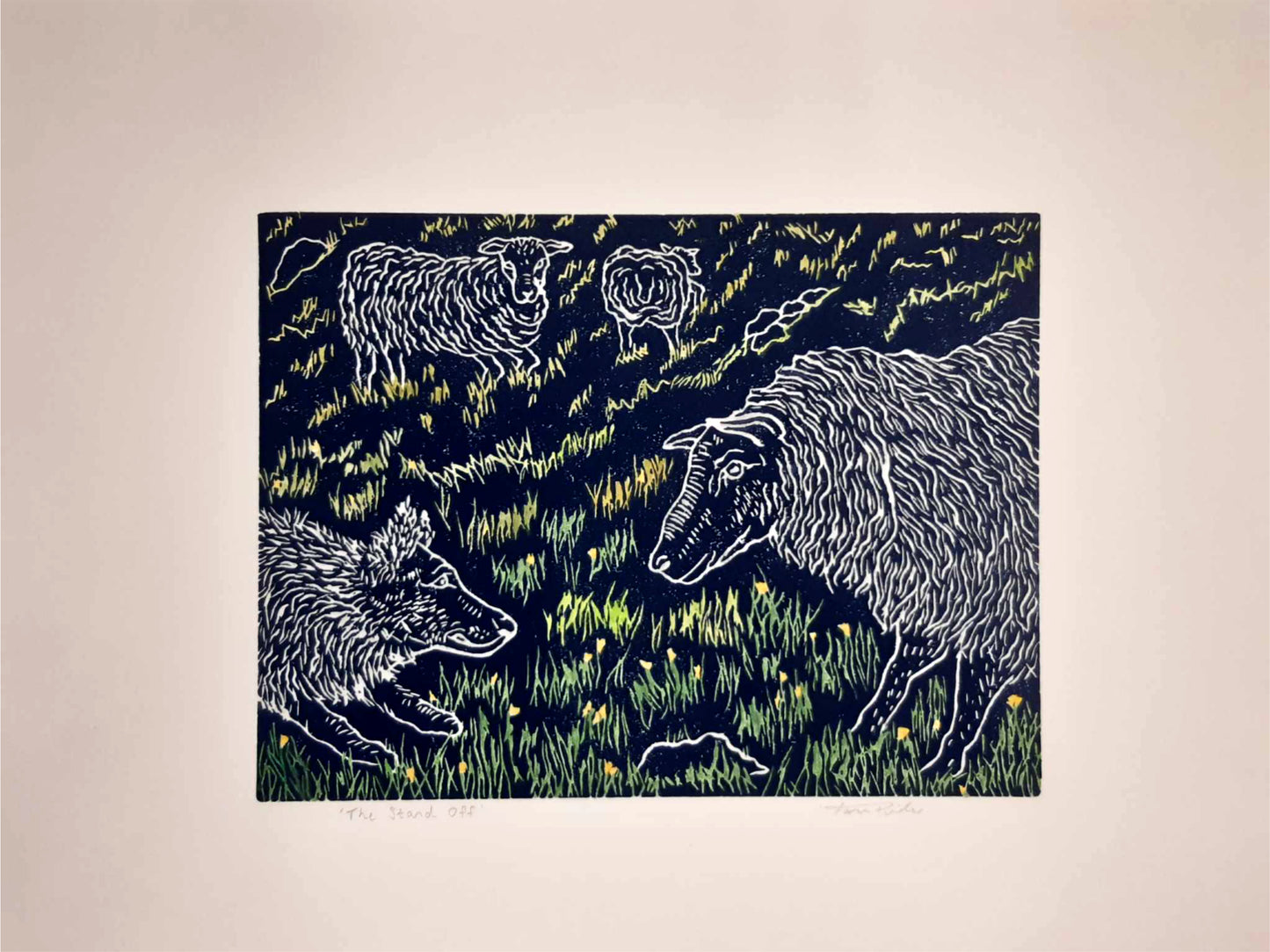 The Stand Off In Colour - Original Lino Print and Watercolour Signed
