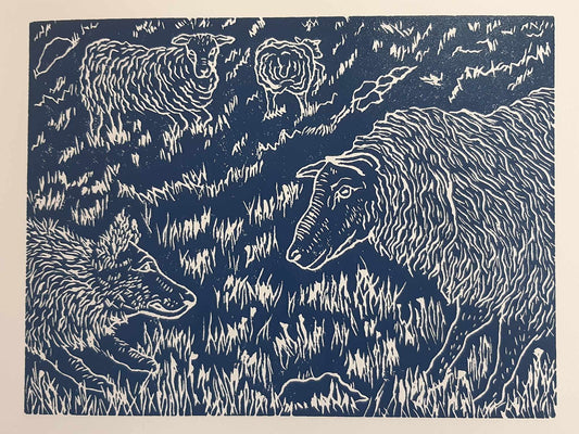 The Stand Off - Between Sheep and Dog Original Lino Print Signed