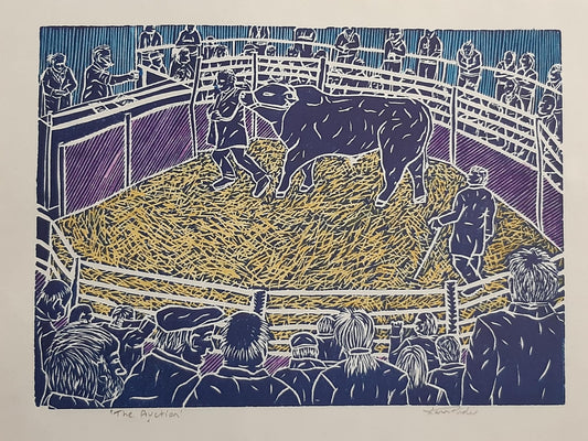 The Auction In Colour - Original Lino Print Signed