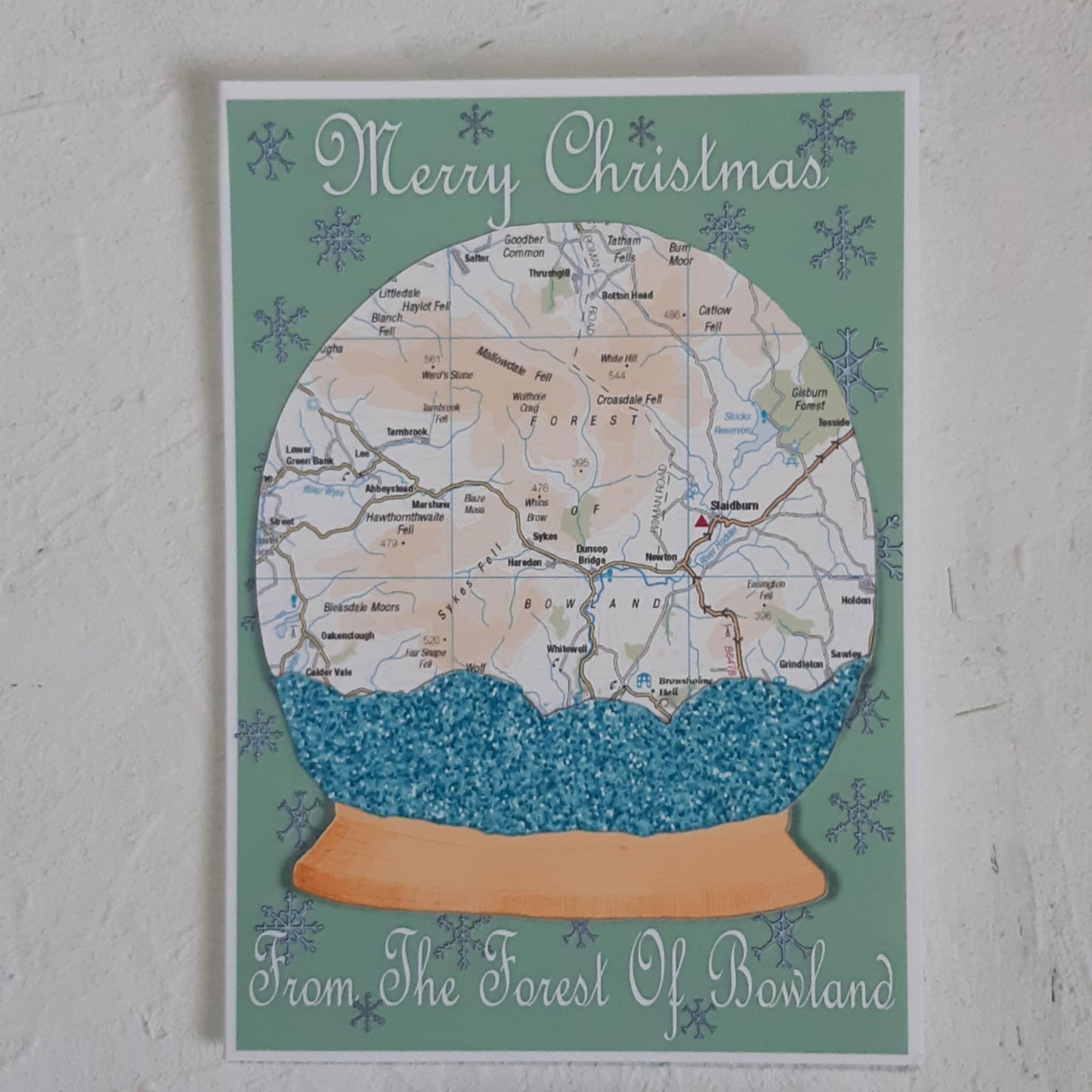 Forest Of Bowland Snow Globe Christmas Map Pack Of Four Greeting Cards